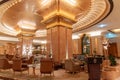 Abu Dhabi, UAE - March 30. 2019. Golden interior of Emirates Palace - luxury hotel