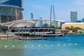 Abu Dhabi, UAE - March 30. 2019. Marine pier near skyscrapers Etihad Towers