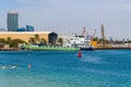 Abu Dhabi, UAE - March 30. 2019. Marine pier near skyscrapers Etihad Towers