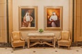 ABU DHABI, UAE - MARCH 9, 2017: Portraits of Khalifa bin Zayed Al Nahyany and Sheikh Mohammed bin Rashid Al Maktoum in Emirates Royalty Free Stock Photo