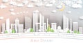 Abu Dhabi United Arab Emirates City Skyline in Paper Cut Style with Snowflakes, Moon and Neon Garland Royalty Free Stock Photo