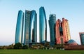 Abu Dhabi, United Arab Emirates - November 1, 2019: Abu Dhabi downtown with Etihad tower skyscrapers rising high