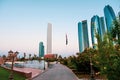 Abu Dhabi, United Arab Emirates - November 1, 2019: Abu Dhabi downtown with Etihad tower skyscrapers view from the Emirates Palace