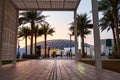 Abu Dhabi, United Arab Emirates - November 30, 2019: Entrance of Louvre museum in Abu Dhabi emirate of UAE at sunset Royalty Free Stock Photo