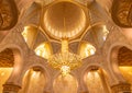 Interior of Sheikh Zayed Grand Mosque with large crystal chandelier.