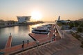 Abu Dhabi, United Arab Emirates - October 7, 2023: Sunset at Al Qana, a waterfront development in Abu Dhabi at Khor Al Maqta in