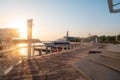 Abu Dhabi, United Arab Emirates - October 7, 2023: Sunset at Al Qana, a waterfront development in Abu Dhabi at Khor Al Maqta in