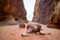 Fallen rock laying in the sand Abu Kashaba Canyon, Wadi Rum, Jordan Desert