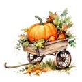 Abundance of Autumn: Wheelbarrow with Pumpkin Watercolor Isolated on White Background - Generative AI