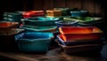 Abundance of colorful crockery in rustic kitchen generated by AI Royalty Free Stock Photo