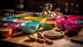 Abundance of colorful kitchenware on rustic table generated by AI