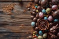 Abundance of easter chocolate treats on wooden table Royalty Free Stock Photo