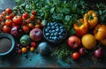 Abundance of Fresh Fruits and Vegetables on a Table. A colorful assortment of various fruits and vegetables covers a table Royalty Free Stock Photo