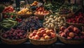 Abundance of fresh, juicy fruit in multi colored outdoor market generated by AI