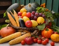 Abundance of fruits and vegetables with basket