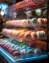 abundance macarons in a display case, vibrant pastel colors, natural light