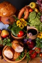 Abundance vegetables, fruits, meat products on the table