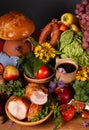 Abundance vegetables, fruits, meat products on the table Royalty Free Stock Photo