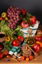 Abundance vegetables, fruits, meat products on the table