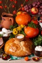 Abundance vegetables, fruits, meat products on the table