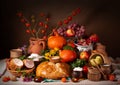 Abundance vegetables, fruits, meat products on the table