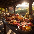 Abundant Autumn Harvest: Vibrant Fruits, Vegetables, and Drinks on a Cozy Wooden Table