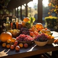 Abundant Autumn Harvest: Vibrant Fruits, Vegetables, and Drinks on a Cozy Wooden Table