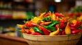 Abundant basket of delicious, sun ripened hot peppers