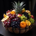 Abundant basket of fresh fruit in a dark and vibrant aesthetic