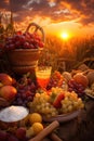 abundant bonanza in the farm. ranch. wheat field. grapes, wine, peaches, sunset sky.