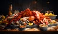 Abundant choice of seafood products on dinner table. Delicious gourmet meal close up. Generative AI Royalty Free Stock Photo