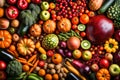 An abundant and colorful display of various fruits and vegetables arranged as a background, creating a vibrant and wholesome scene
