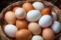 Abundant farmfresh eggs nestled in ecofriendly straw basket, healthy groceries