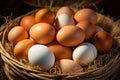 Abundant farmfresh eggs nestled in ecofriendly straw basket, healthy groceries