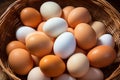 Abundant farmfresh eggs nestled in ecofriendly straw basket, healthy groceries