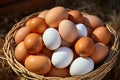 Abundant farmfresh eggs nestled in ecofriendly straw basket, healthy groceries