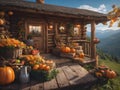 the abundant harvest of cornucopias is stored and lying on the porch of the cabin on the mountain Royalty Free Stock Photo