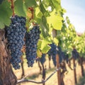 Abundant harvest dark grapes dangle gracefully in a vineyard setting