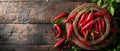 Abundant Harvest: Fresh Red Chili Peppers on Rustic Wood. Concept Food Photography, Spicy