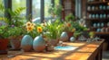 Abundant Potted Plants Adorn Wooden Table