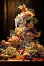 Abundant pouring farm blessings. Medieval feast. Banquet. A rustic wood table with abundant meal