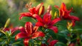 Many crimson blossoms blooming in the yard