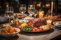 Abundant table food. Dinner. Night. Candlelight. Wine glasses. Meat, vegetables Royalty Free Stock Photo