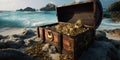 Abundant treasure in the ancient chest. Golden coins in the wooden box at the sea coast. Generative AI