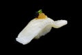 Aburi Engawa Sushi, torched flatfish on rice topping with Spring onion and minced daikon and caviar. Japanese tradition cuisine