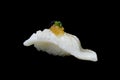 Aburi Engawa Sushi, torched flatfish on rice topping with Spring onion and minced daikon and caviar. Japanese tradition cuisine Royalty Free Stock Photo