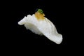 Aburi Engawa Sushi, torched flatfish on rice topping with Spring onion and minced daikon and caviar. Japanese tradition cuisine