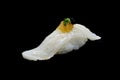 Aburi Engawa Sushi, torched flatfish on rice topping with Spring onion and minced daikon and caviar. Japanese tradition cuisine