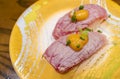 Aburi salmon sushi or Aburi sake nigiri in Japanese style fresh serve on yellow plate. healthy food. Japanese traditional food Royalty Free Stock Photo