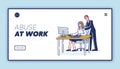 Abuse at work landing page template with businessman harassing female business worker at workplace